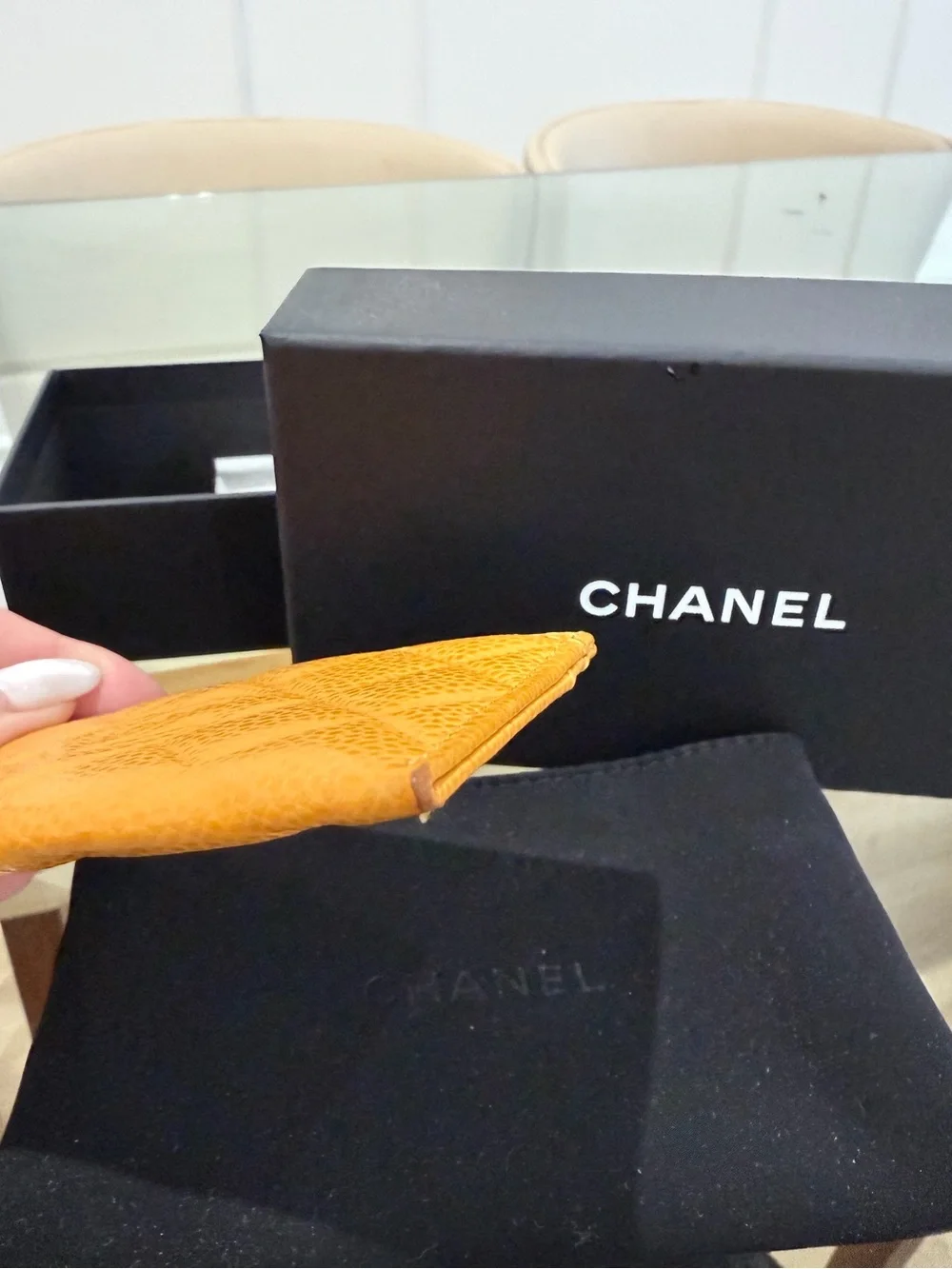 CHANEL Quilted Caviar Leather Card Holder in Mustard